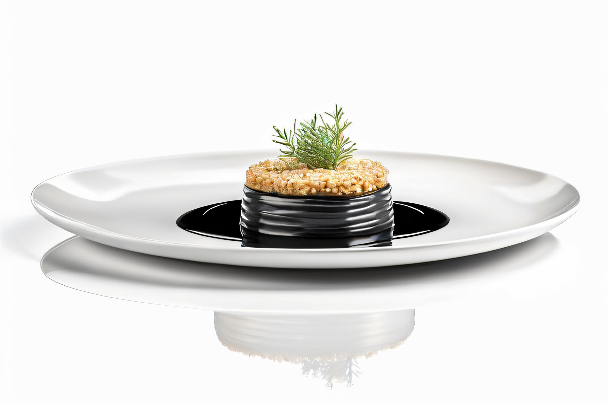 Chef preparing plated gourmet dish on marble counter